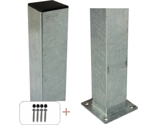Stahlpfosten PLUS mit Sockel 8 x 8 x 96 cm mit Pfostenabdeckung/Bolzen feuerverzinkt Zaunpfosten aus Metall mit Schrauben und Pfostenkappe