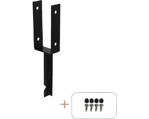 Pied de poteau en U PLUS à sceller dans du béton poteau 9 x 9 cm noir Support de poteau avec vis pour la fixation des poteaux en bois