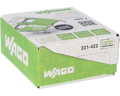 Borne pour boîte de dérivation Wago 221-422 4 mm² 2 conducteurs pince de levier vert 100 pièces