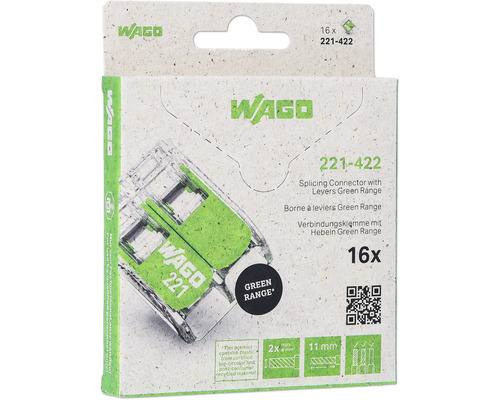 Borne pour boîte de dérivation Wago 221-422 4 mm² 2 conducteurs pince de levier vert 16 pièces