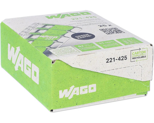 Borne pour boîte de dérivation Wago 221-425 4 mm² 5 conducteurs pince de levier vert 25 pièces