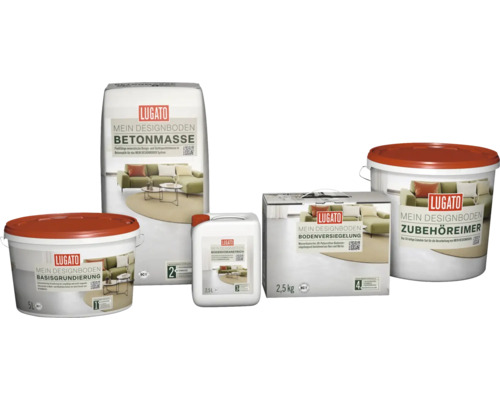 Lugato Mein Designboden Produkte: Betonmasse, Basisgrundierung, Bodenvoranstrich, Bodenversiegelung und Zubehöreimer