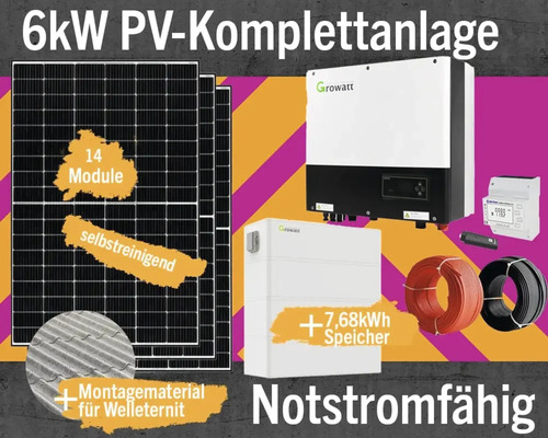 PV-Komplettanlage mit Speicher 7,68 kW (notstromfähig) 6 kWp inkl. Hybrid-Wechselrichter + Zubehör für Welleternit Solarmodul-Set Anzahl Module 14 Stück 6kW Photovoltaik Komplettanlage mit 14 Modulen, 7,68 kWh Speicher, Wechselrichter, Stromzähler und Montagezubehör