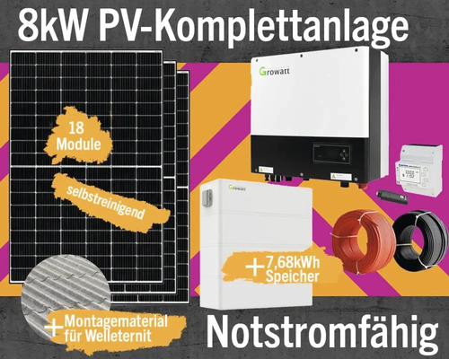 PV-Komplettanlage mit Speicher 7,68 kW notstromfähig 8 kWp inkl. Hybrid-Wechselrichter + Zubehör für Welleternit Anzahl Module 18 Stück PV-Komplettanlage mit Speicher 7,68 kW notstromfähig 8 kWp inkl. Hybrid-Wechselrichter + Zubehör für Welleternit Anzahl Module 18 Stück