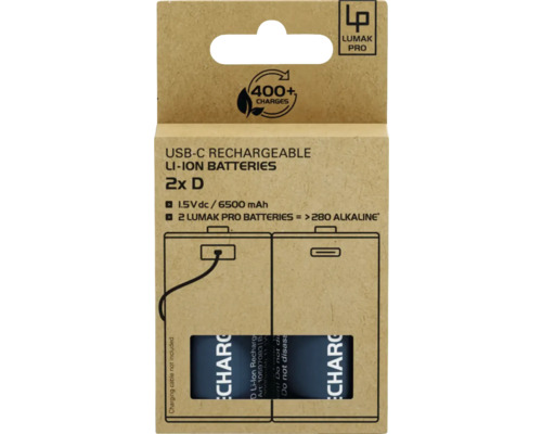 Verpackung von zwei USB-C-aufladbaren Lithium-Ionen D Batterien der Marke Lumak Pro