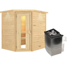 Sauna en madriers Karibu Mia avec poêle 9 kW et commande intégrée avec couronne et porte en bois avec verre à isolation thermique-thumb-3