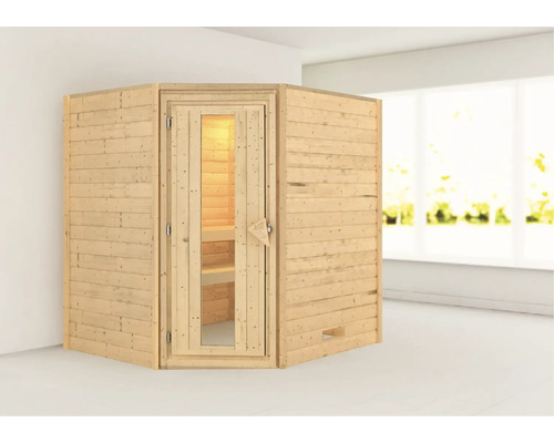 Sauna en madriers Karibu Mia sans poêle ni couronne avec porte en bois et verre à isolation thermique