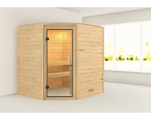 Sauna en madriers Karibu Mia sans poêle ni couronne avec porte entièrement vitrée en verre transparent