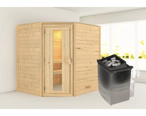 Blockbohlensauna Karibu Mia inkl. 9 kW Ofen u.integr.Steuerung ohne Dachkranz mit Holztüre und Isolierglas wärmegedämmt