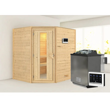 Massivholzsauna Karibu Mia inkl. 9 kW Bio Ofen u.ext.Steuerung ohne Dachkranz mit Holztüre und Isolierglas wärmegedämmt