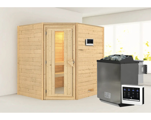 Sauna en bois massif Karibu Mia avec poêle bio 9 kW et commande externe sans couronne avec porte en bois avec verre à isolation thermique