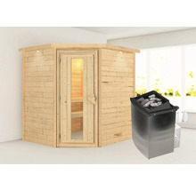 Sauna en madriers Karibu Mia avec poêle 9 kW et commande intégrée avec couronne et porte en bois avec verre à isolation thermique-thumb-0