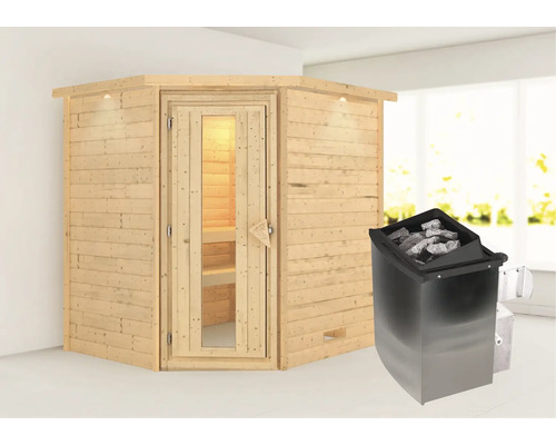 Sauna en madriers Karibu Mia avec poêle 9 kW et commande intégrée avec couronne et porte en bois avec verre à isolation thermique-0