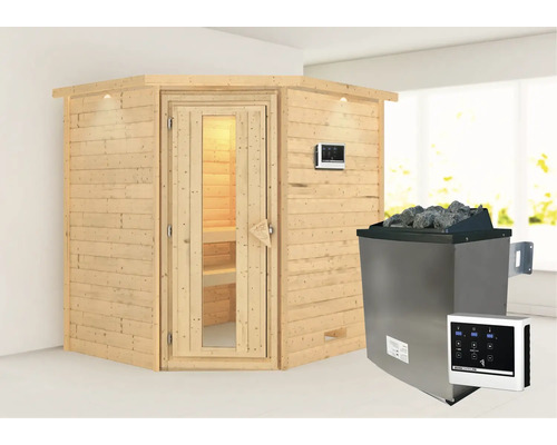 Sauna en bois massif Karibu Mia avec poêle 9 kW et commande externe avec couronne et porte en bois avec verre à isolation thermique