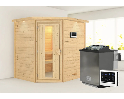 Sauna en bois massif Karibu Mia avec poêle bio 9 kW et commande externe avec couronne et porte en bois avec verre à isolation thermique