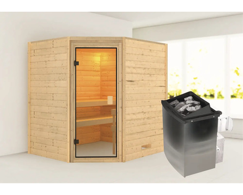 Sauna en madriers Karibu Mia avec poêle 9 kW et commande intégrée sans couronne avec porte entièrement vitrée couleur bronze
