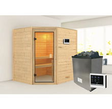 Ecksauna aus Holz mit Saunaofen, Steinen und Steuerungselementen