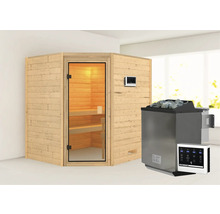 Massivholzsauna Karibu Mia inkl. 9 kW Bio Ofen u.ext.Steuerung ohne Dachkranz mit bronzierter Ganzglastüre