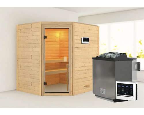 Sauna en bois massif Karibu Mia avec poêle bio 9 kW et commande externe sans couronne avec porte entièrement vitrée couleur bronze