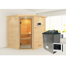 Massivholzsauna Karibu Mia inkl.9 kW Ofen u.ext.Steuerung mit Dachkranz und bronzierter Ganzglastüre