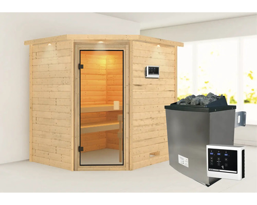 Sauna en bois massif Karibu Mia avec poêle 9 kW et commande externe avec couronne et porte entièrement vitrée couleur bronze