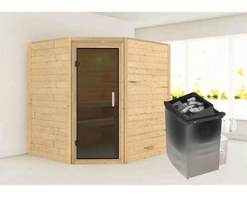Sauna en madriers Karibu Mia avec poêle 9 kW et commande intégrée sans couronne avec porte entièrement vitrée couleur graphite