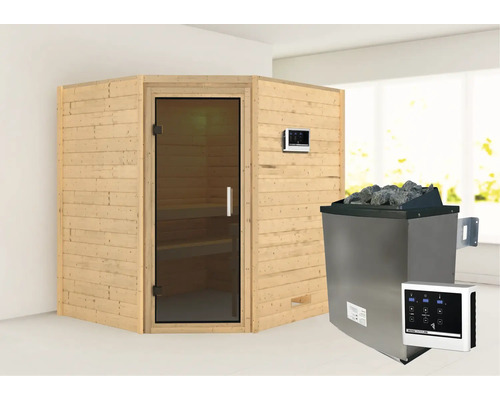 Sauna en bois massif Karibu Mia avec poêle 9 kW et commande externe sans couronne avec porte entièrement vitrée couleur graphite