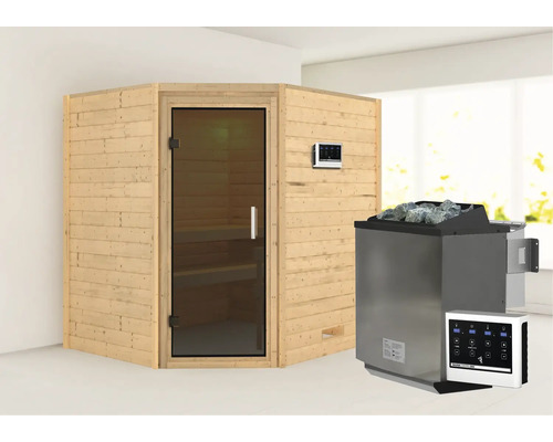 Sauna en bois massif Karibu Mia avec poêle bio 9 kW et commande externe sans couronne avec porte entièrement vitrée couleur graphite