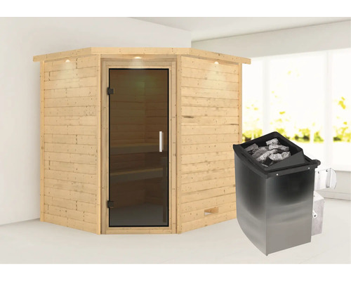 Sauna en madriers Karibu Mia avec poêle 9 kW et commande intégrée avec couronne et porte entièrement vitrée couleur graphite