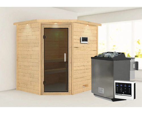 Sauna en bois massif Karibu Mia avec poêle bio 9 kW et commande externe avec couronne et porte entièrement vitrée couleur graphite