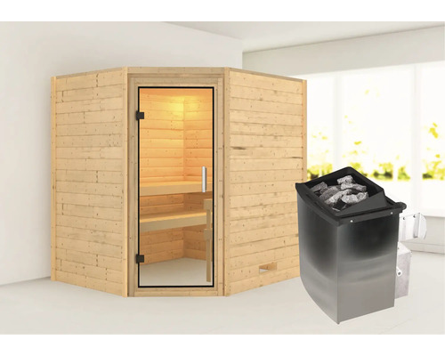 Sauna en madriers Karibu Mia avec poêle 9 kW et commande intégrée sans couronne avec porte entièrement vitrée en verre transparent