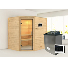 Massivholzsauna Karibu Mia inkl.9 kW Ofen u.ext.Steuerung ohne Dachkranz mit Ganzglastüre aus Klarglas