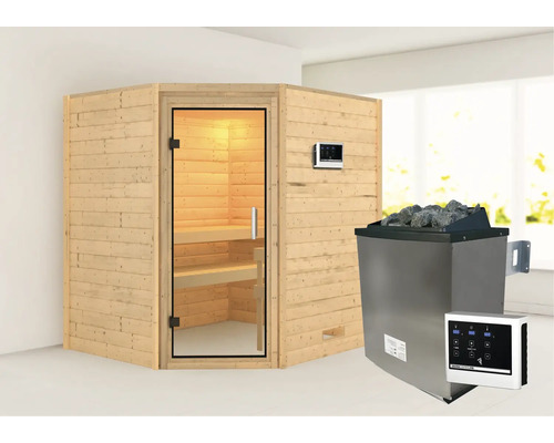 Sauna en bois massif Karibu Mia avec poêle 9 kW et commande externe sans couronne avec porte entièrement vitrée en verre transparent