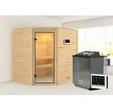Massivholzsauna Karibu Mia inkl. 9 kW Bio Ofen u.ext.Steuerung ohne Dachkranz mit Ganzglastüre aus Klarglas