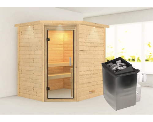 Sauna en madriers Karibu Mia avec poêle 9 kW et commande intégrée avec couronne et porte entièrement vitrée en verre transparent