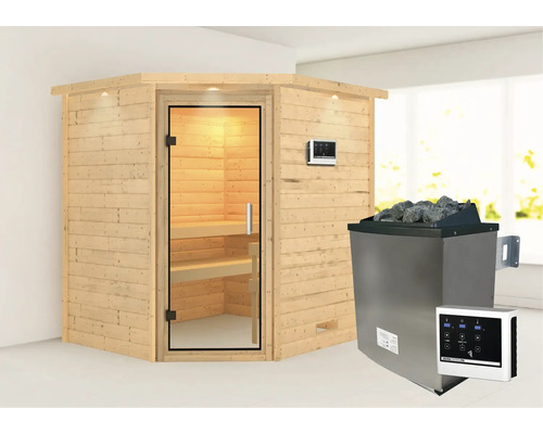 Sauna en bois massif Karibu Mia avec poêle 9 kW et commande externe avec couronne et porte entièrement vitrée en verre transparent