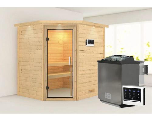 Sauna en bois massif Karibu Mia avec poêle bio 9 kW et commande externe avec couronne et porte entièrement vitrée en verre transparent