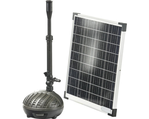 Teichpumpenset HEISSNER Solarpumpen Set Hybrid bis zu 1000 l/h mit Wasserspiel , mit externem Solarmodul 5 m Anschlusskabel inkl Netzteil zum Anschluss an Stromnetz Solarbetriebene Teichpumpe mit Solarpanel