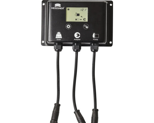 Heissner Steuergerät für Solartechnik mit Anschlüssen für Solarpanel, Adapter und Pumpe