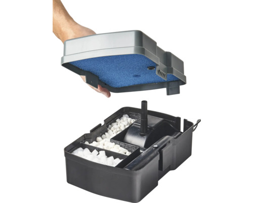 Teichfilter mit Filtermedien und Deckel mit Filterschwamm