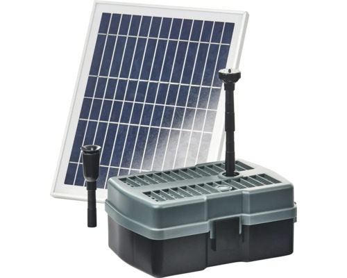 Kit de filtration de bassin HEISSNER set de pompe solaire jusqu'à 600 l/h avec jeu d'eau, avec module solaire externe câble de connexion 3 m, stérilisateur UVC intégré 5 W pour bassins jusqu'à 1 000 l environ (sans poissons)