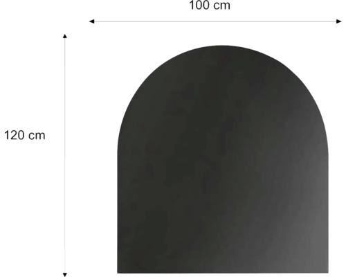 Funkenschutzplatte Stahl 120 x 100 cm halbrund schwarz Abbildung einer schwarzen Möbelfront mit den Maßen 100 mal 120 Zentimeter.