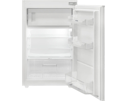 Réfrigérateur compact ouvert avec étagères
