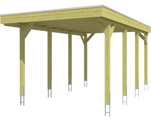 Carport en bois avec toit plat et supports en acier