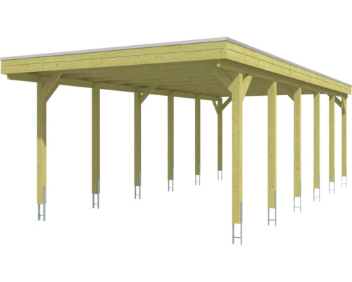 Carport en bois avec toit plat et poteaux sur ancrages métalliques