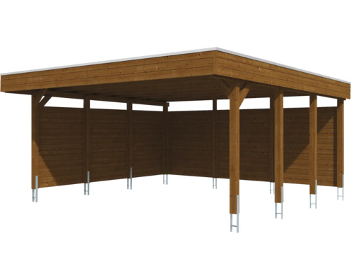 Carport en bois avec toit plat et parois latérales