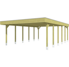 Abri de voiture en bois avec toit plat et supports en acier