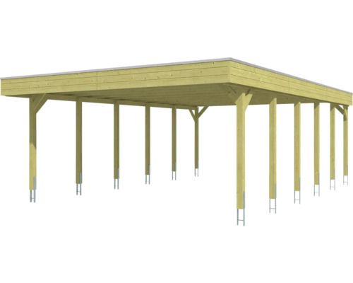 Abri de voiture en bois avec toit plat et supports en acier