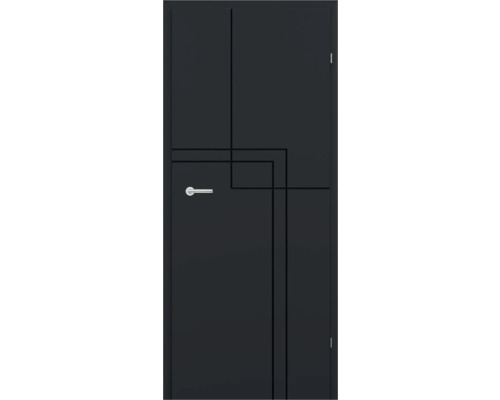 Pertura Zimmertür Elis 03 Schwarzlack RAL 9005 tiefschwarz 98,5x198,5 cm Rechts ohne Schlüssellochbohrung Schwarze Innentür mit silbernem Türgriff und geometrischem Design