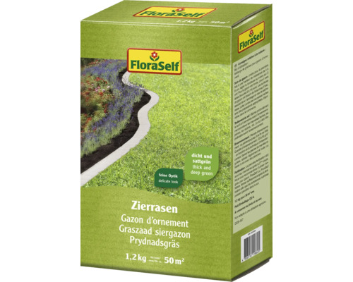 Semence de gazon d’ornement FloraSelf 1,2 kg pour 50 m² Emballage de gazon d''ornement FloraSelf, 1,2 kg pour 50 mètres carrés